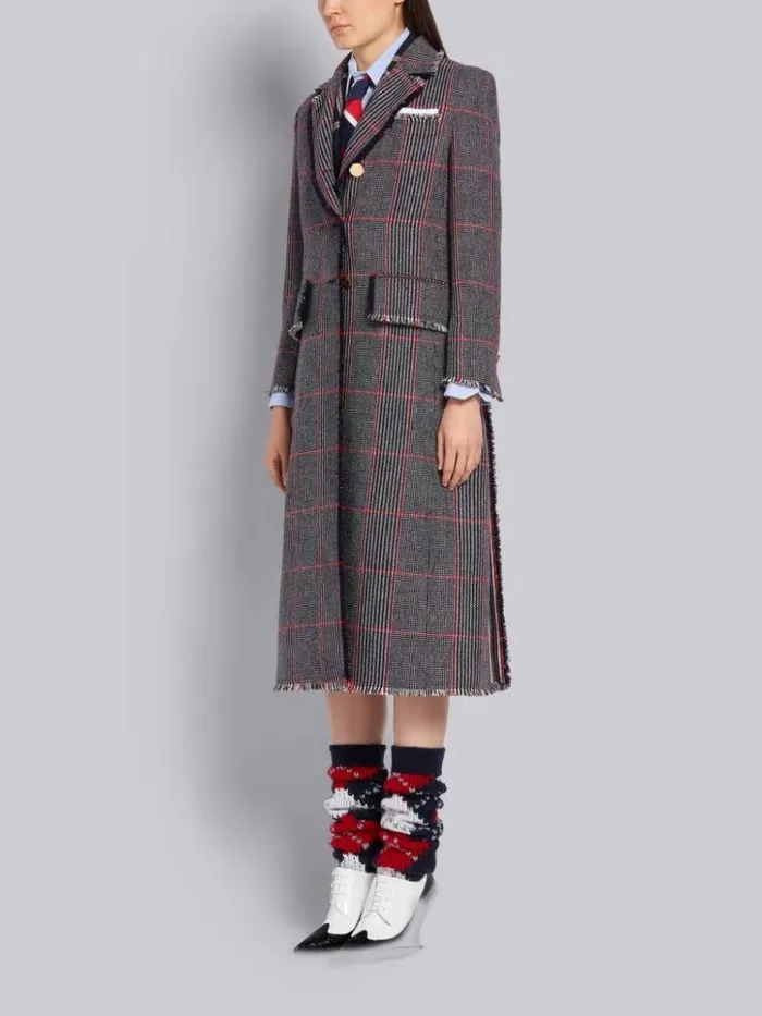 Tricolor Oversized Check Hunting Wool Tweed Frayed Wide Lapel Overcoat Rwbwht Women Thom Browne Outerwear