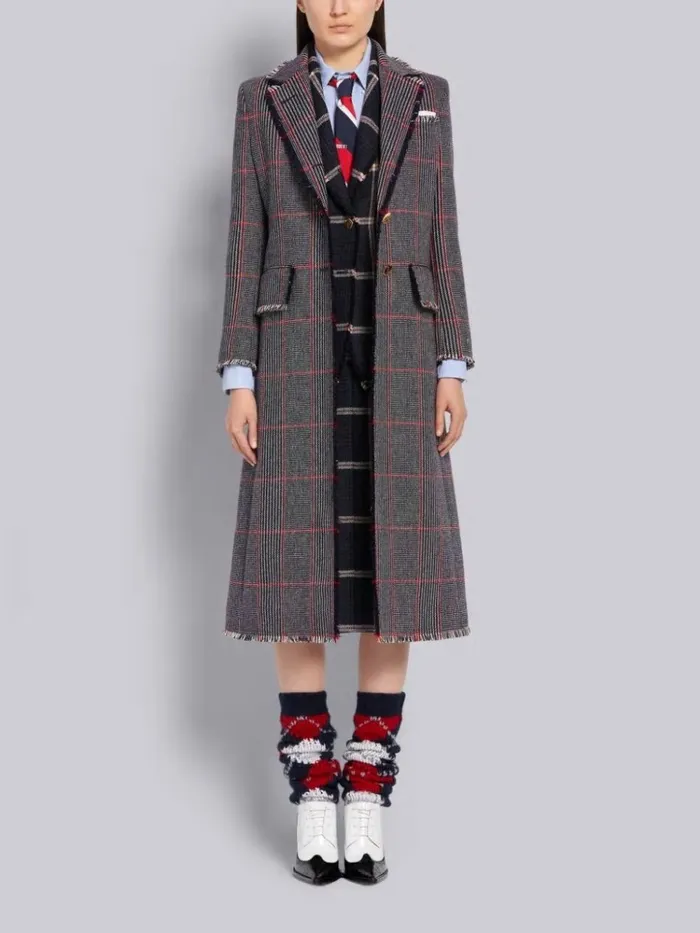 Tricolor Oversized Check Hunting Wool Tweed Frayed Wide Lapel Overcoat Rwbwht Women Thom Browne Outerwear