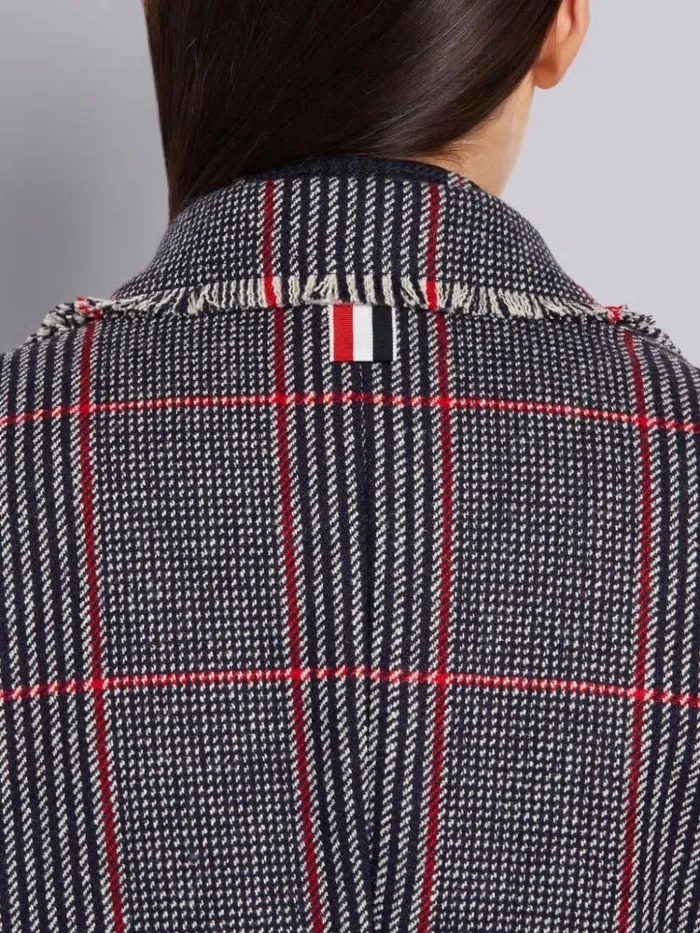 Tricolor Oversized Check Hunting Wool Tweed Frayed Wide Lapel Overcoat Rwbwht Women Thom Browne Outerwear