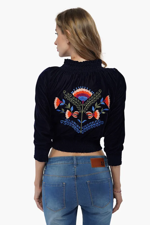 Twilight Blue Velvetine Embroidered Bomber Jacket Twilight Blue Velvetine Embroidered Bomber Jacket