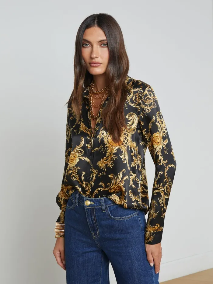 Tyler Silk Blouse Blackgold Barocco Swirl Women L039Agence Blouses and Tops