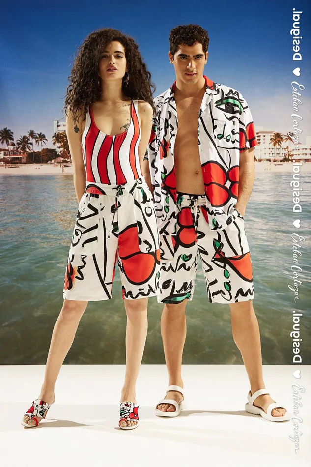 Unisex Bermudas With Drawstring And El Beso Print MensWomen Desigual Jeans and Pants
