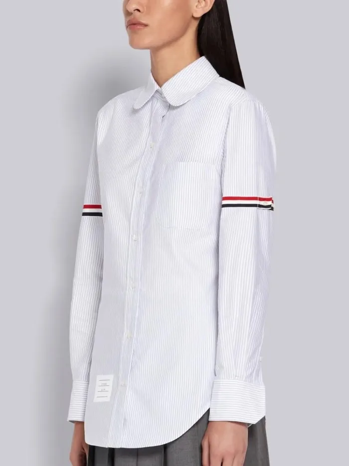 University Stripe Oxford Grosgrain Armband Long Sleeve Shirt Medium Grey Women Thom Browne Tops and Shirts