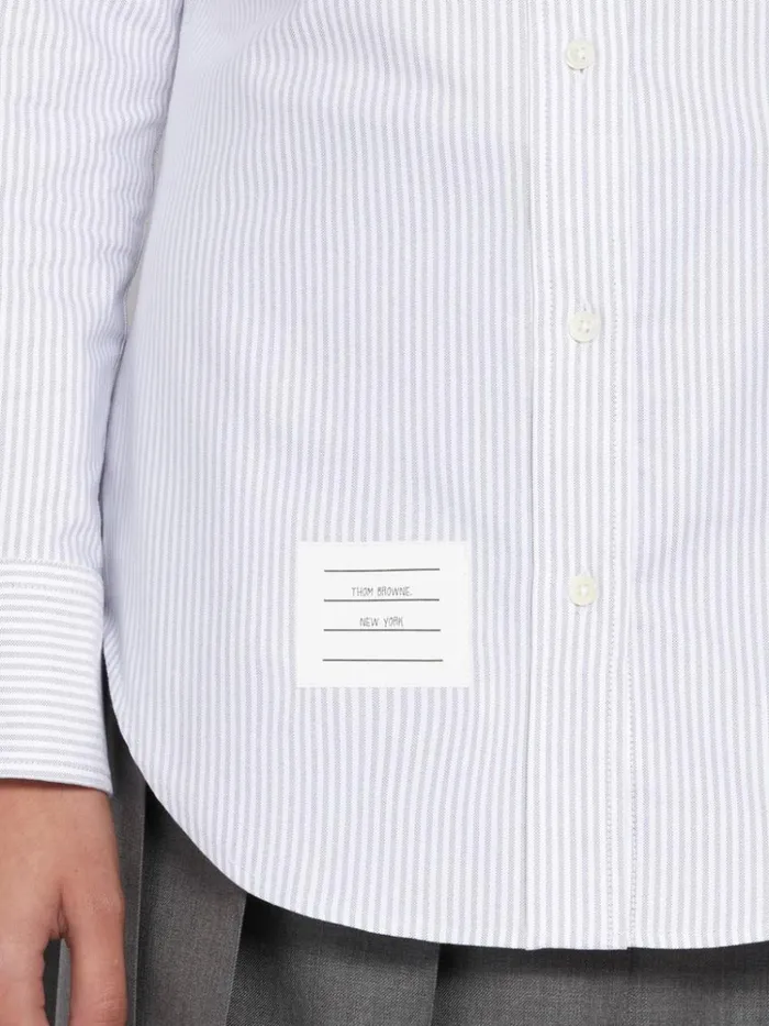 University Stripe Oxford Grosgrain Armband Long Sleeve Shirt Medium Grey Women Thom Browne Tops and Shirts