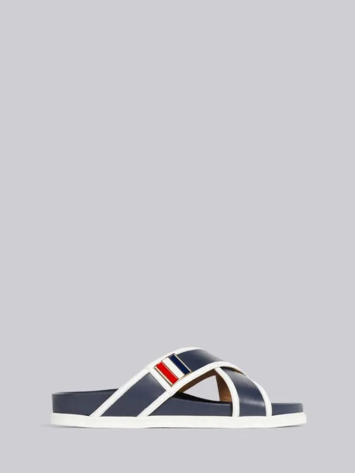 Vitello Calf Leather Enamel Buckle Criss Cross Sandal Navy Women Thom Browne Slippers and Sandals Vitello Calf Leather Enamel Buckle Criss Cross Sandal Navy Women Thom Browne Slippers and Sandals
