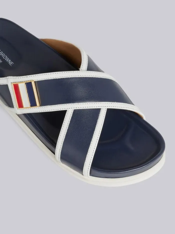 Vitello Calf Leather Enamel Buckle Criss Cross Sandal Navy Women Thom Browne Slippers and Sandals