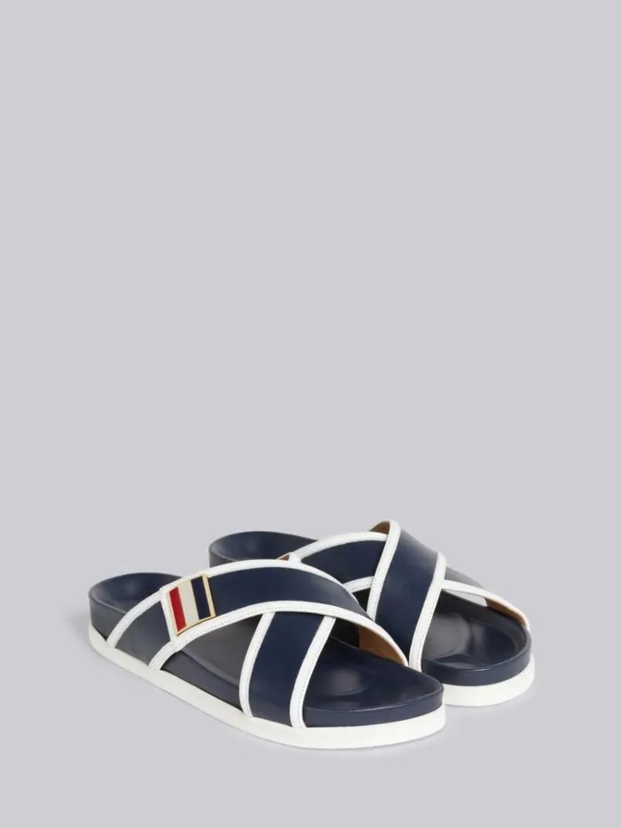 Vitello Calf Leather Enamel Buckle Criss Cross Sandal Navy Women Thom Browne Slippers and Sandals