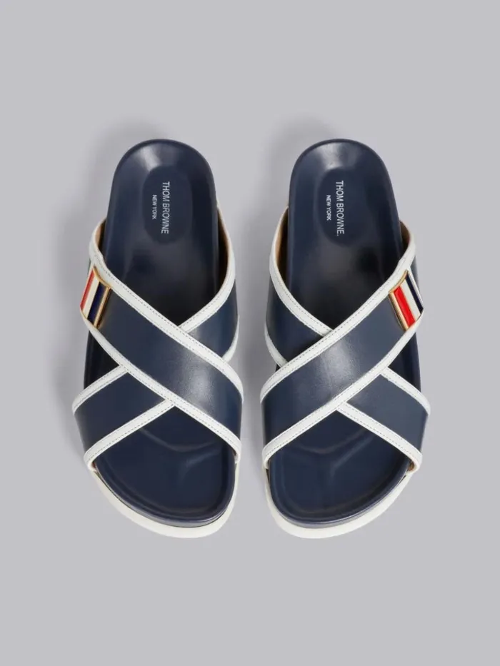 Vitello Calf Leather Enamel Buckle Criss Cross Sandal Navy Women Thom Browne Slippers and Sandals