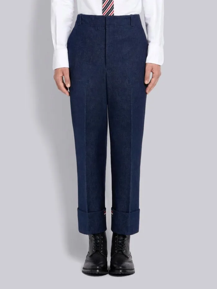 Washed Cotton Denim Deconstructed Cuffed Classic Trouser Navy Men Thom Browne Trousers Washed Cotton Denim Deconstructed Cuffed Classic Trouser Navy Men Thom Browne Trousers