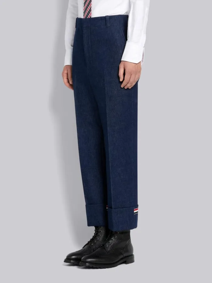 Washed Cotton Denim Deconstructed Cuffed Classic Trouser Navy Men Thom Browne Trousers