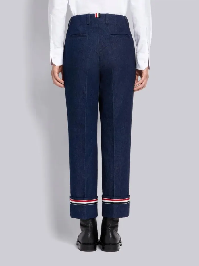 Washed Cotton Denim Deconstructed Cuffed Classic Trouser Navy Men Thom Browne Trousers