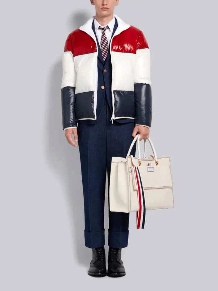 Washed Cotton Denim Deconstructed Cuffed Classic Trouser Navy Men Thom Browne Trousers