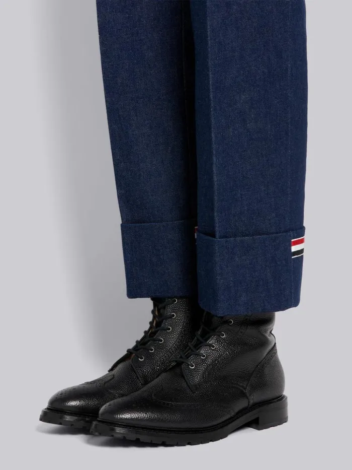 Washed Cotton Denim Deconstructed Cuffed Classic Trouser Navy Men Thom Browne Trousers