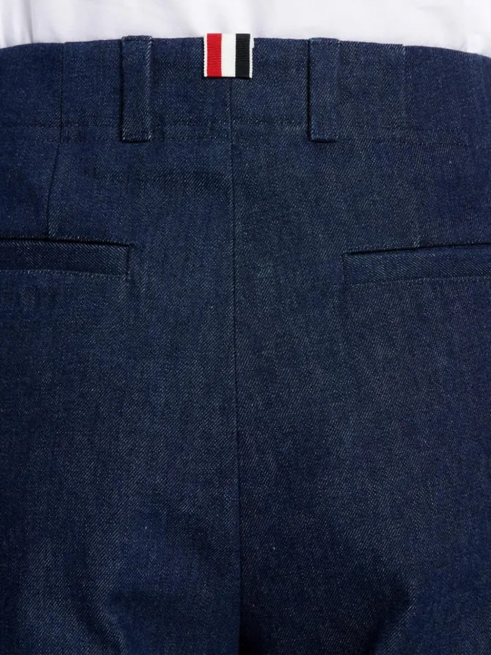 Washed Cotton Denim Deconstructed Cuffed Classic Trouser Navy Men Thom Browne Trousers