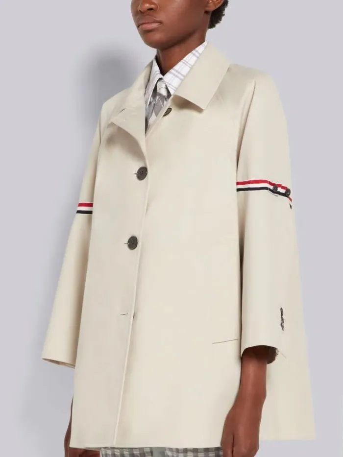 Waterproof Cotton Twill Striped Armband Cropped Car Coat Khaki Women Thom Browne Outerwear