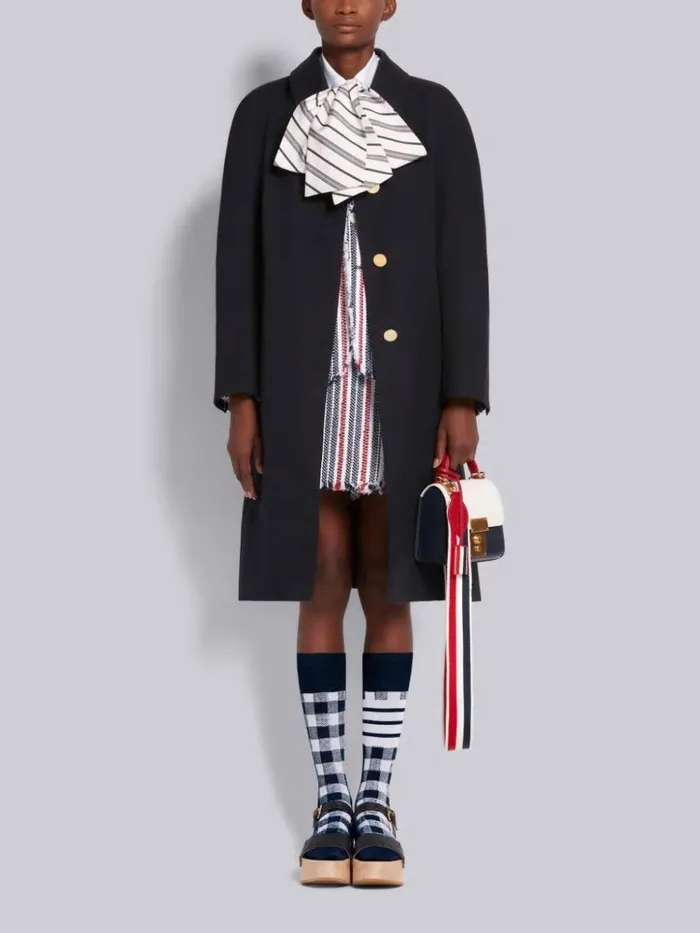 Waterproof Cotton Twill Unconstructed Box Pleat Raglan Bal Collar Overcoat Navy Women Thom Browne Outerwear