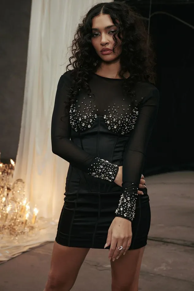 Women Anastasia Black Crystallised Corset Dress House Of CB Dresses