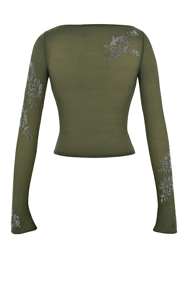 Women Angelique Olive Crystallised Top House Of CB Tops Women Angelique Olive Crystallised Top House Of CB Tops