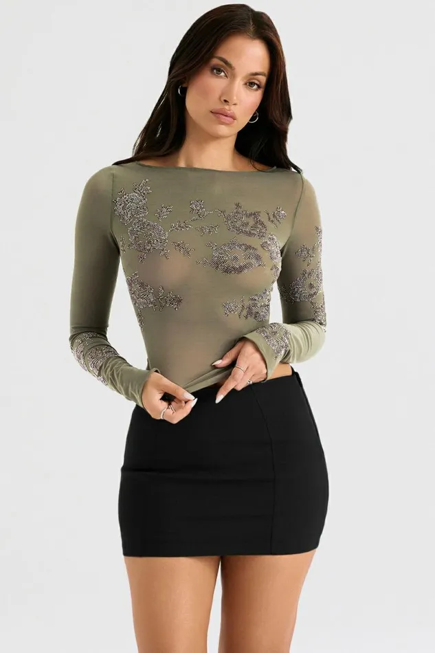Women Angelique Olive Crystallised Top House Of CB Tops Women Angelique Olive Crystallised Top House Of CB Tops