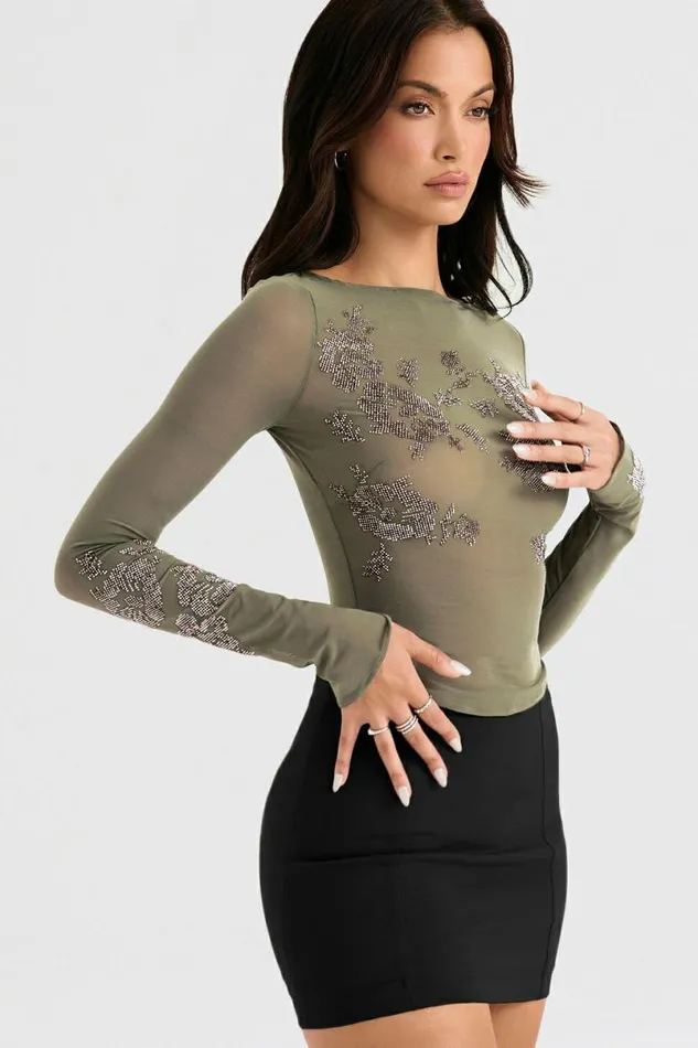 Women Angelique Olive Crystallised Top House Of CB Tops Women Angelique Olive Crystallised Top House Of CB Tops