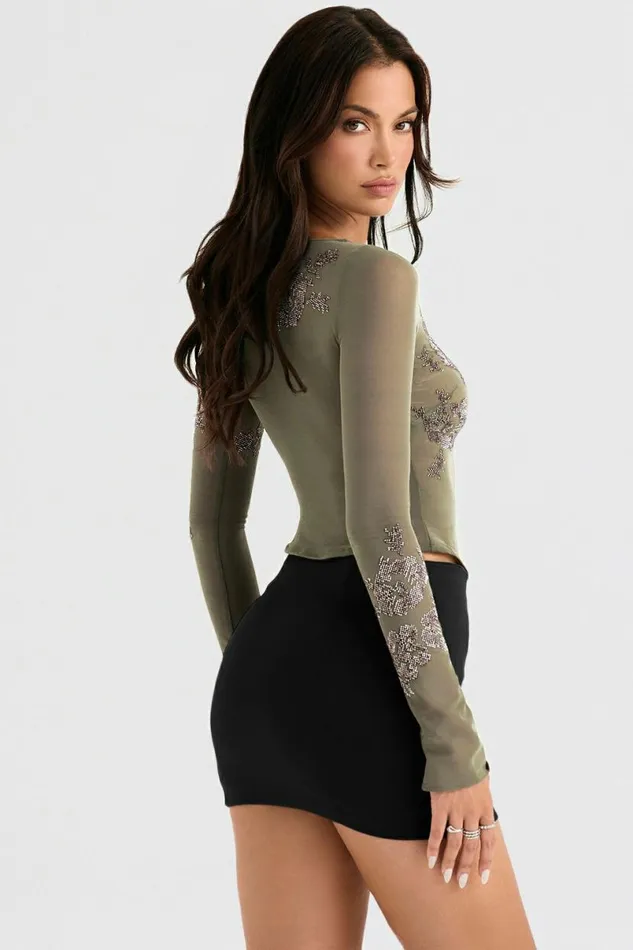 Women Angelique Olive Crystallised Top House Of CB Tops Women Angelique Olive Crystallised Top House Of CB Tops