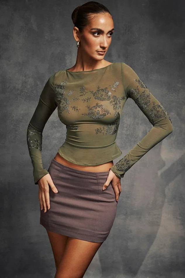 Women Angelique Olive Crystallised Top House Of CB Tops Women Angelique Olive Crystallised Top House Of CB Tops