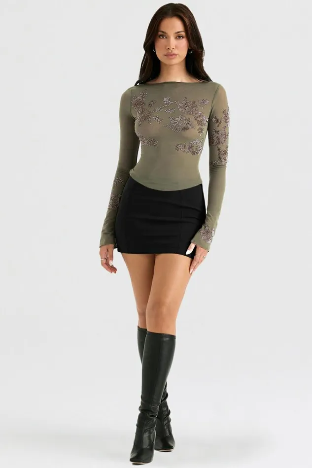 Women Angelique Olive Crystallised Top House Of CB Tops Women Angelique Olive Crystallised Top House Of CB Tops