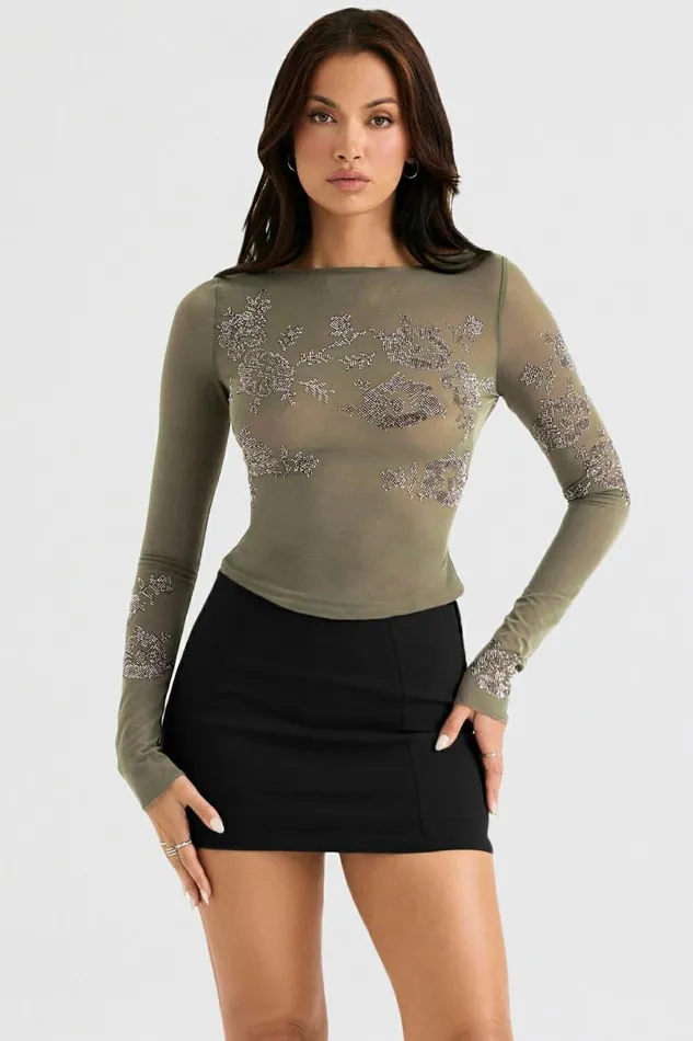 Women Angelique Olive Crystallised Top House Of CB Tops Women Angelique Olive Crystallised Top House Of CB Tops