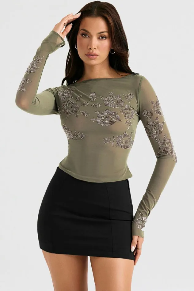 Women Angelique Olive Crystallised Top House Of CB Tops Women Angelique Olive Crystallised Top House Of CB Tops