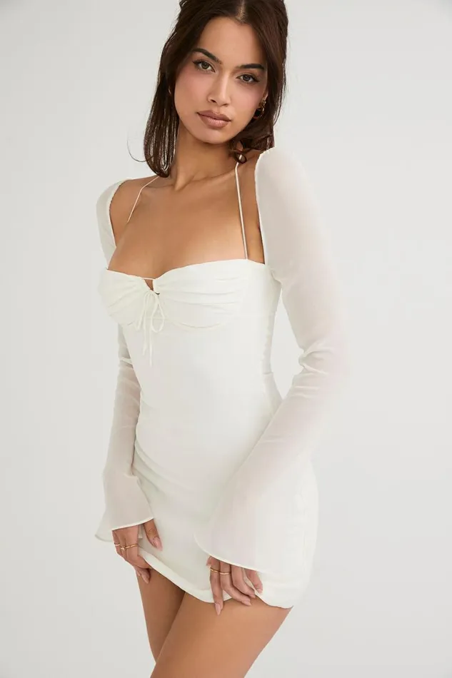 Women Babydoll Ivory Chiffon Halter Mini Dress House Of CB Dresses