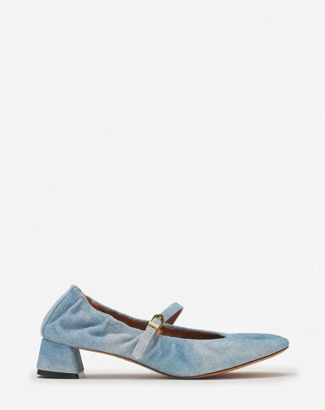 Women Ballerinas Lanvin Heeled Mary Janes In Leather With A Faded Denim Effect Denim Blue