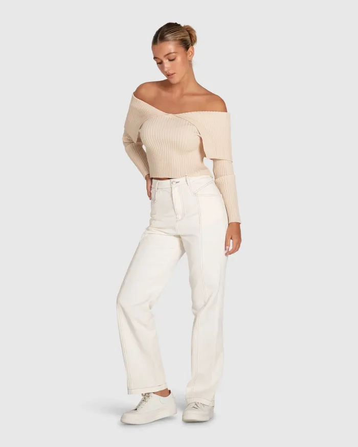 Women Belle and Bloom More Than Words Collared Knit Top 8211 Cream Knitwear