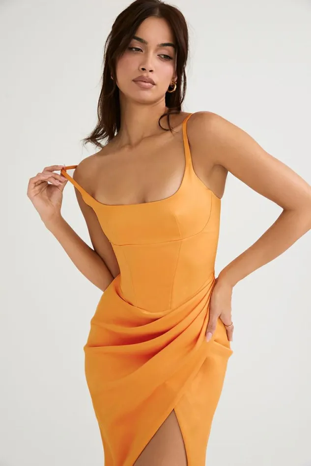 Women Bianca Tangerine Satin Pleated Corset Midi Dress House Of CB Dresses Women Bianca Tangerine Satin Pleated Corset Midi Dress House Of CB Dresses
