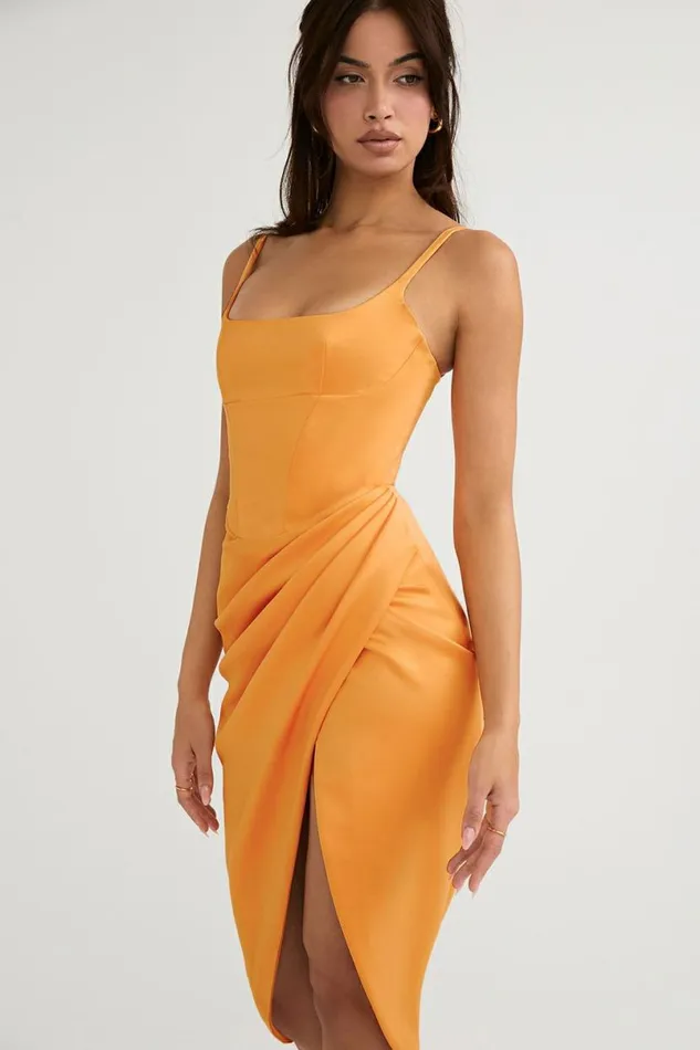 Women Bianca Tangerine Satin Pleated Corset Midi Dress House Of CB Dresses Women Bianca Tangerine Satin Pleated Corset Midi Dress House Of CB Dresses