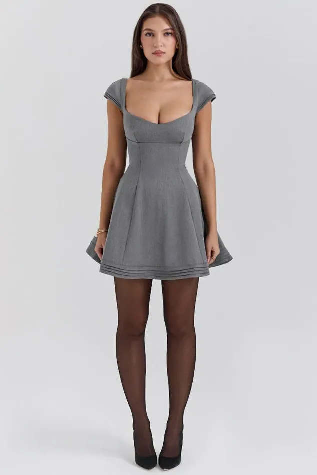 Women Cheri French Grey Fitted Mini Dress With Voluminous Skirt House Of CB Dresses Women Cheri French Grey Fitted Mini Dress With Voluminous Skirt House Of CB Dresses