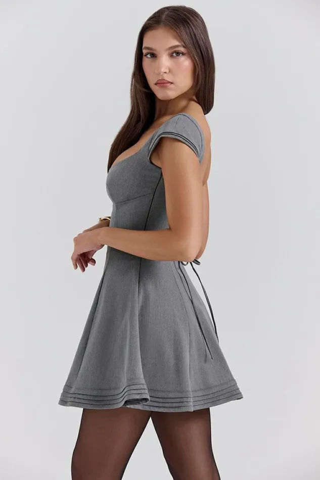Women Cheri French Grey Fitted Mini Dress With Voluminous Skirt House Of CB Dresses Women Cheri French Grey Fitted Mini Dress With Voluminous Skirt House Of CB Dresses
