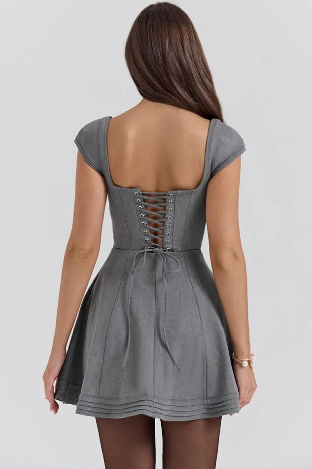Women Cheri French Grey Fitted Mini Dress With Voluminous Skirt House Of CB Dresses Women Cheri French Grey Fitted Mini Dress With Voluminous Skirt House Of CB Dresses