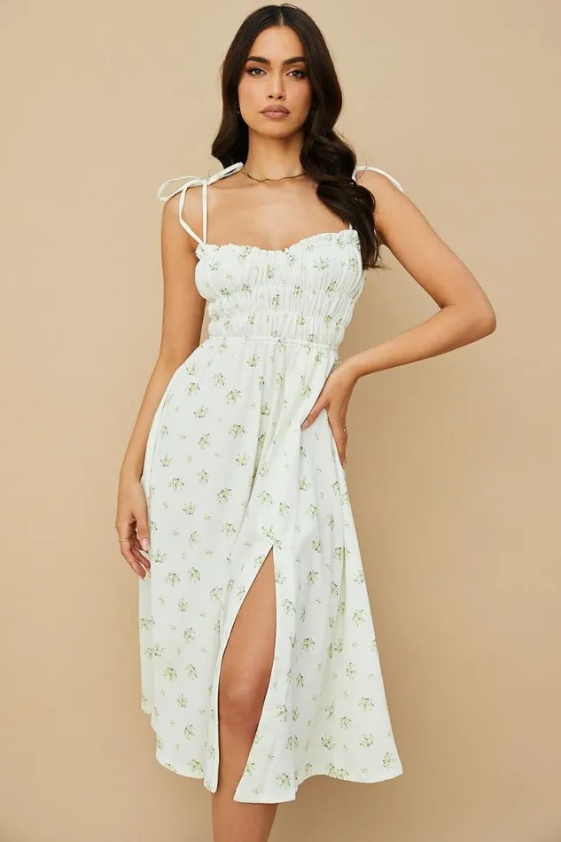 Women Christabel Ivory Floral Shirred Midi Dress House Of CB Dresses