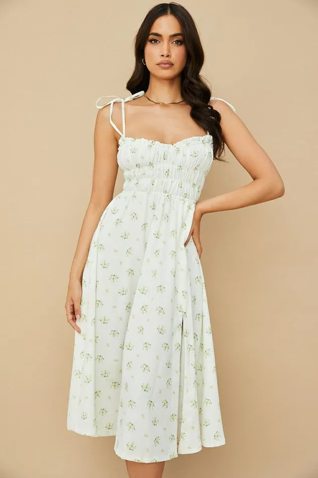 Women Christabel Ivory Floral Shirred Midi Dress House Of CB Dresses Women Christabel Ivory Floral Shirred Midi Dress House Of CB Dresses