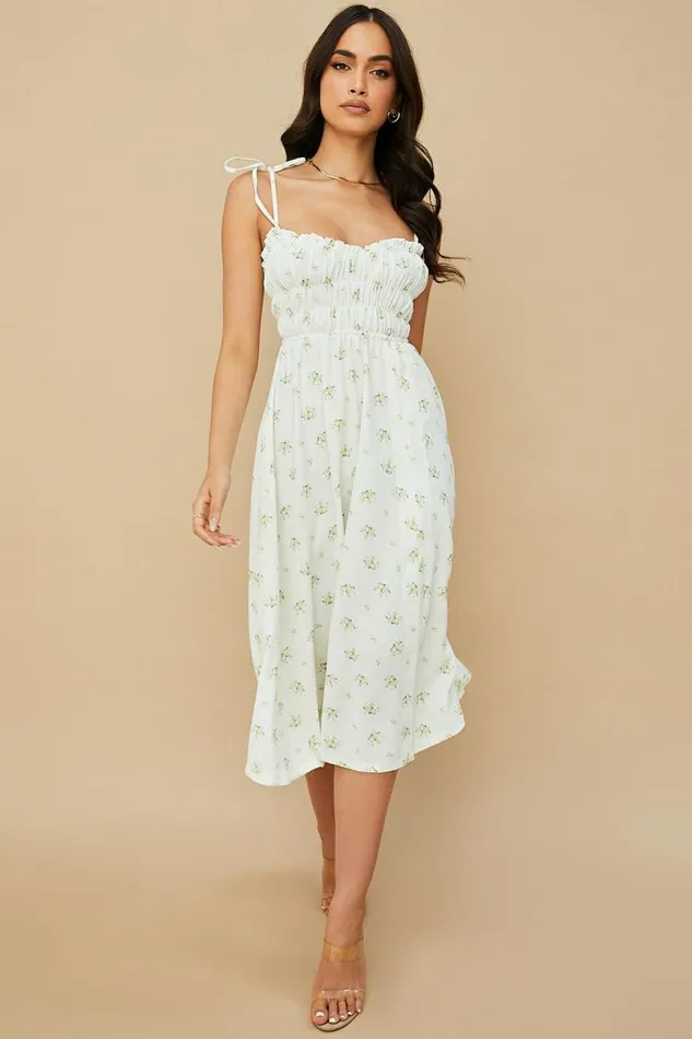 Women Christabel Ivory Floral Shirred Midi Dress House Of CB Dresses Women Christabel Ivory Floral Shirred Midi Dress House Of CB Dresses