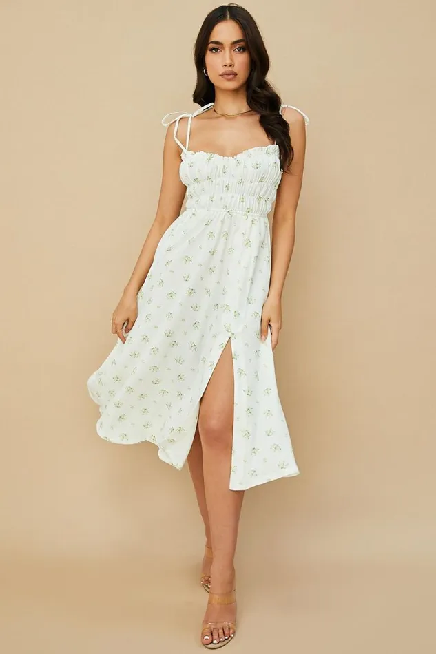 Women Christabel Ivory Floral Shirred Midi Dress House Of CB Dresses Women Christabel Ivory Floral Shirred Midi Dress House Of CB Dresses