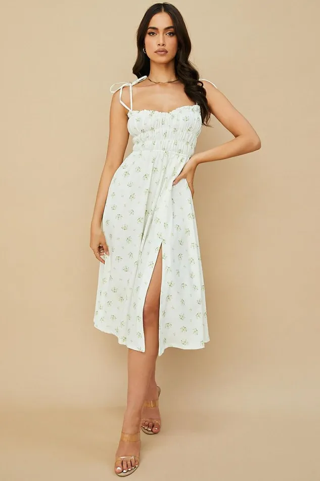 Women Christabel Ivory Floral Shirred Midi Dress House Of CB Dresses Women Christabel Ivory Floral Shirred Midi Dress House Of CB Dresses