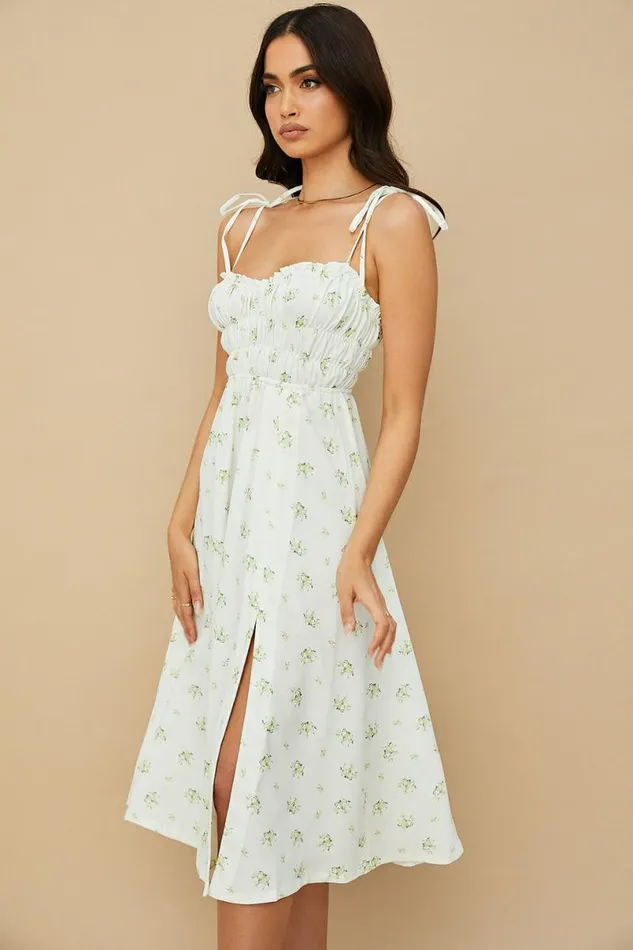 Women Christabel Ivory Floral Shirred Midi Dress House Of CB Dresses Women Christabel Ivory Floral Shirred Midi Dress House Of CB Dresses