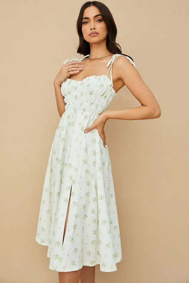 Women Christabel Ivory Floral Shirred Midi Dress House Of CB Dresses Women Christabel Ivory Floral Shirred Midi Dress House Of CB Dresses