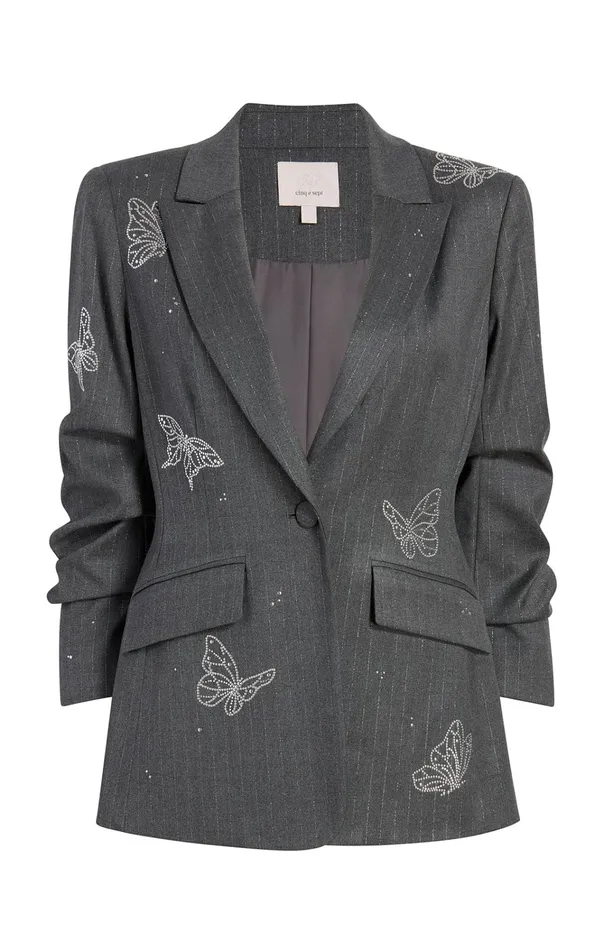 Women Cinq Sept Jackets and Blazers Butterflies Embroidered Joan Blazer Lurex Pinstripe Pinstripe Charcoal
