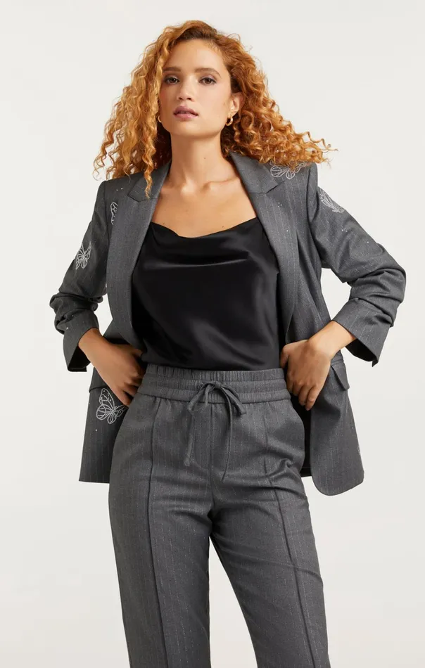 Women Cinq Sept Jackets and Blazers Butterflies Embroidered Joan Blazer Lurex Pinstripe Pinstripe Charcoal