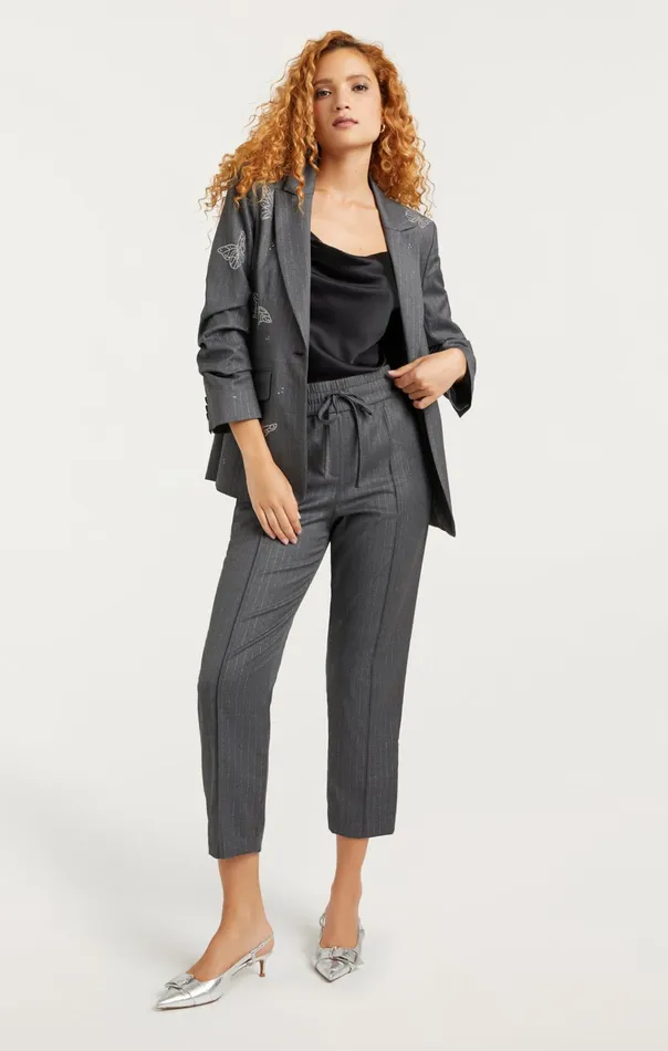 Women Cinq Sept Jackets and Blazers Butterflies Embroidered Joan Blazer Lurex Pinstripe Pinstripe Charcoal