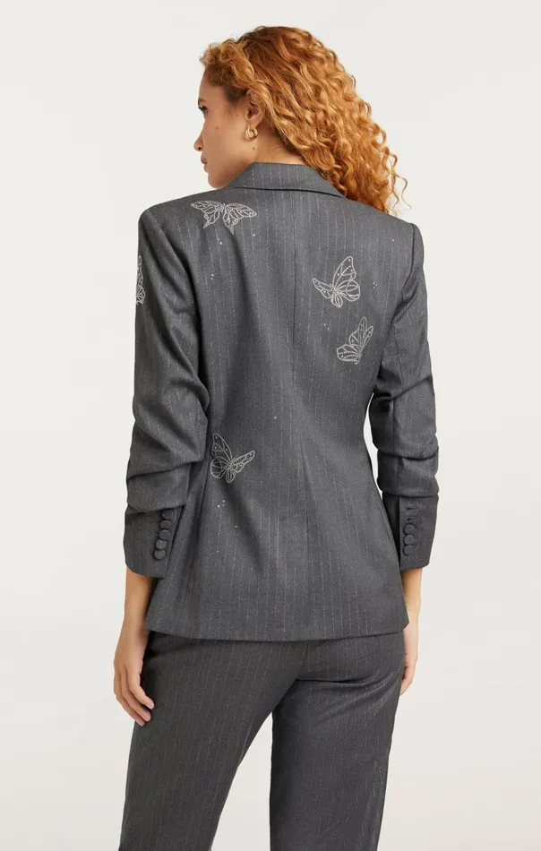 Women Cinq Sept Jackets and Blazers Butterflies Embroidered Joan Blazer Lurex Pinstripe Pinstripe Charcoal