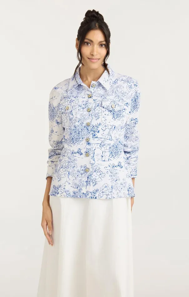 Women Cinq Sept Jackets and Blazers Garden Toile Scrunched Canyon Jacket Whiteblue