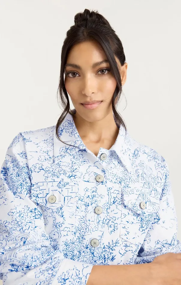 Women Cinq Sept Jackets and Blazers Garden Toile Scrunched Canyon Jacket Whiteblue